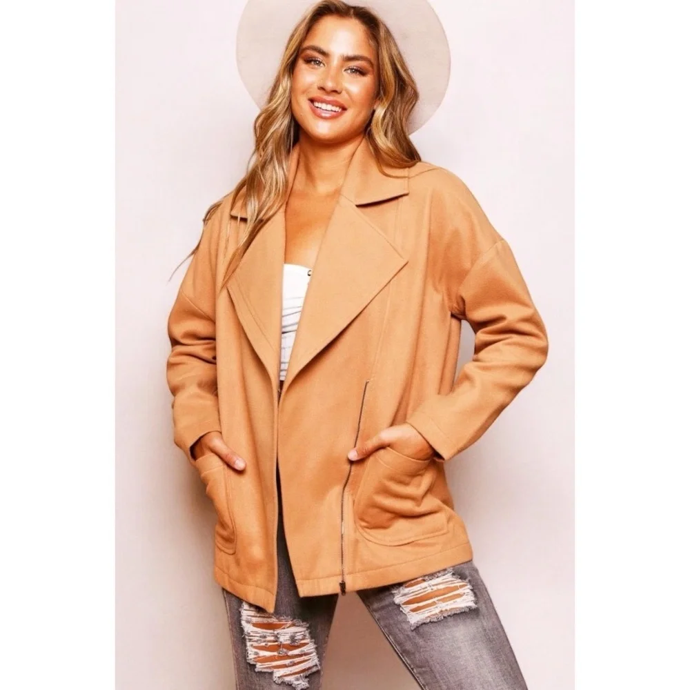 PEACH LOVE Camel Blazer Style Zip Up Soft Jacket - Picture 5 of 9